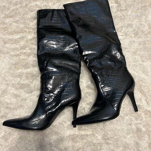 Black Croc-Embossed Knee-High Boots